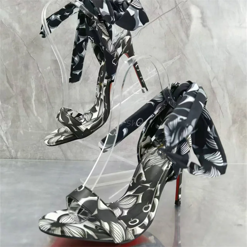 

Black White Flower Print High Heels Sandals for Women Brand Design Bow-Tie Slingback Red Sol Thin Heel Sandalias Big Size 43