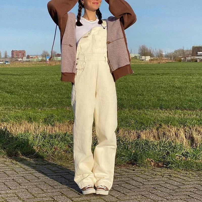 White Jumpsuits Women Overalls Loose High-waist Straight Wide-leg Denim Washed Vintage Trousers Girl Simple Fashion Harajuku y2k