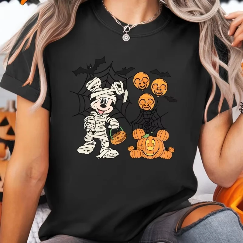 

Mickey Mouse Halloween Cute Cartoon Print T-shirt Disney Women's New Plus Size American Fashion Loose Casual Short-sleeved Top