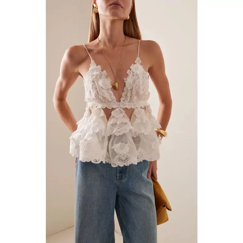 

2025 White Suspender Hollow Lace Lace Multi-layer Fluffy Top