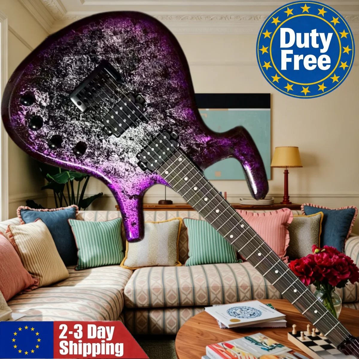 Entrepôt allemand, artisanat exquis, guitare violette en palissandre, manche lisse, micros HH, chevalet fixe, détails soignés, harmoniques persistantes.