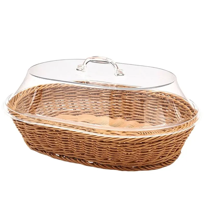 

A93Z Imitation Rattan Lidded Bread Basket Acrylic Fruit Snack Tray Kitchen Countertop