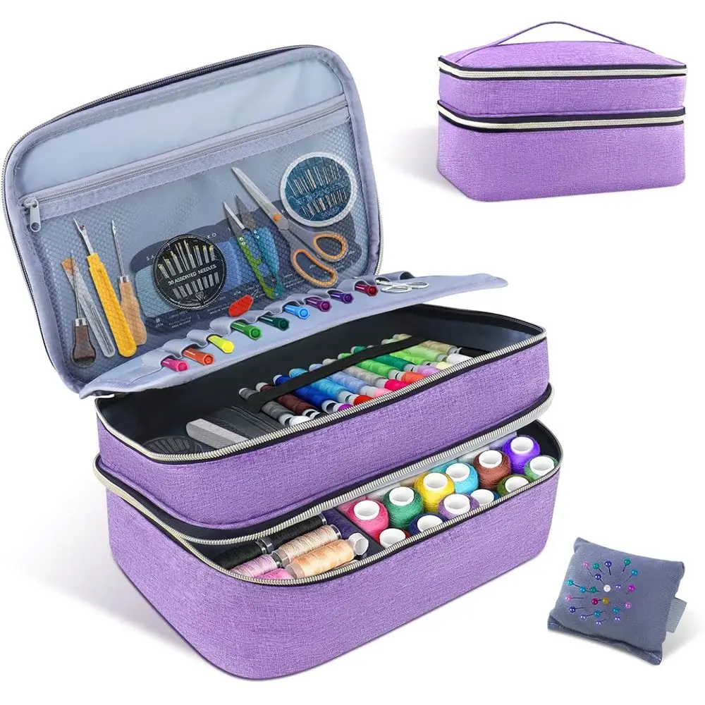 

Sewing Organizer Bag - 11.5"x8"x6" Double-Layer Sewing Box with Storage for Scissors, Thread, Pins, Needles, Clips (Purple)