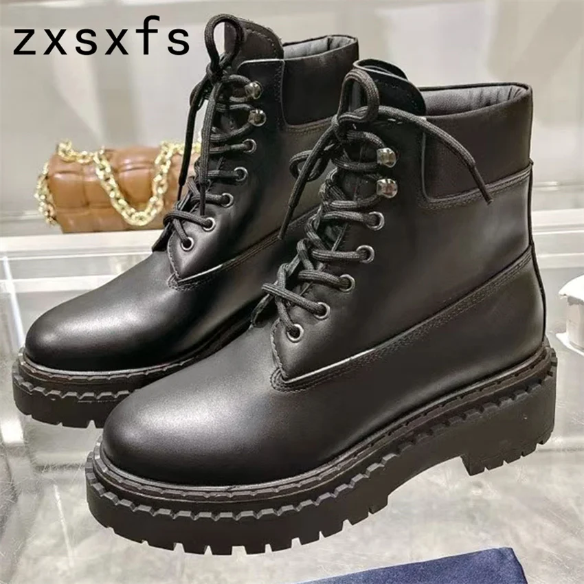 

Thick Sole Short Boots Woman Lace Up Flat Platform Shoes Woman Genuine Leather Motorcycle Boots Women Botas Mujer