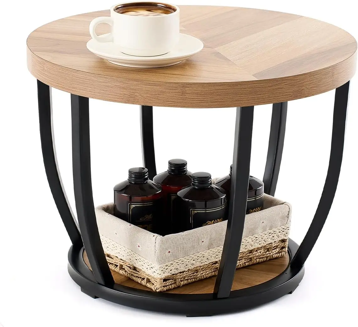 

Round Coffee Table, 2-Tier Circle Wood Coffee Table with Storage Shelves, Modern Industrial Accent Center for Living Room, Home