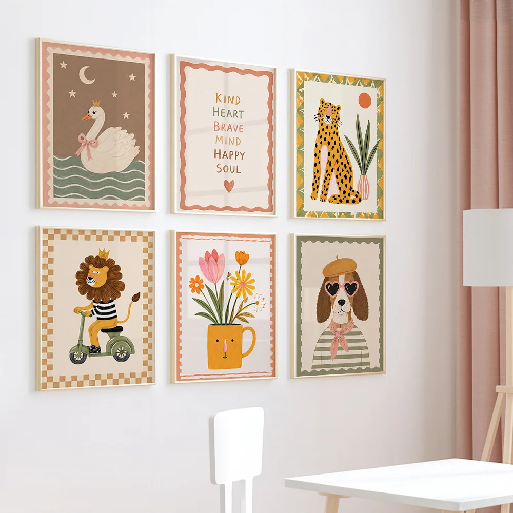 1/6pcs Cute Leopard Poodle Swan Animal Cartoon Canvas Print Chic Tulip Flower Nursery Wall Art Poster for Modern Home Decor Gift