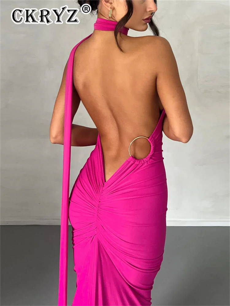 Ladies Night Club Wear Neon Y2K Summer Outfits Women Sleeveless Backless Halter Ruched Bodycon Evening Maxi Dress Birthday Party