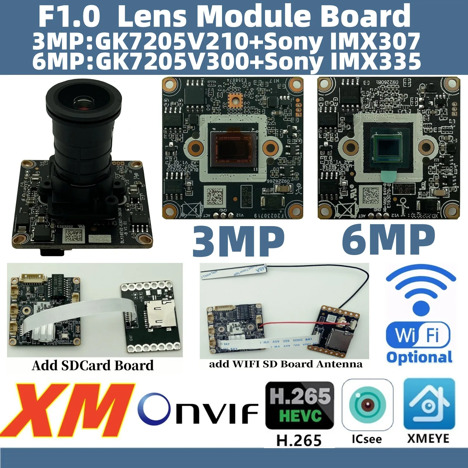 F1.0 M16 Lens All Color 6/3 MP WIFI SDCard Optional XM IP Camera Module Board GK7205V300+IMX335 IMX307 XMEYE ICsee P2P Cloud