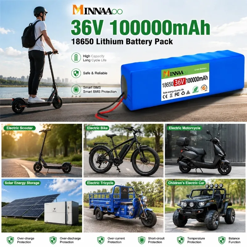 MINNAAOO 36V 100000mAh Li-ion Battery Pack with XT60 Plug & BMS for Xiaomi M365 Scooter