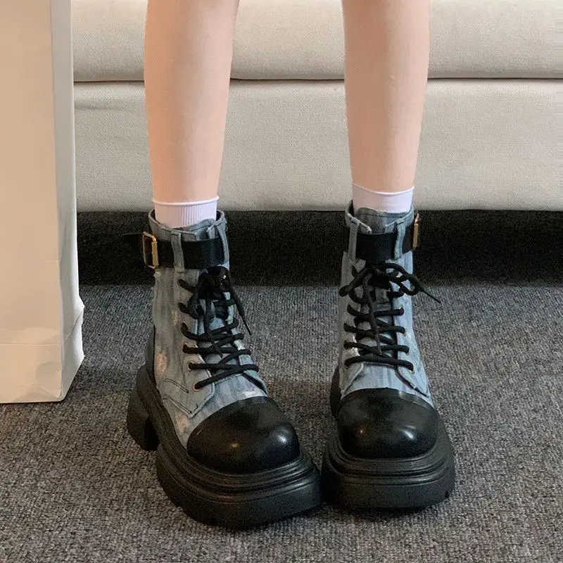 Combat Denim Woman Short Shoes Punk Style With Laces British Booties Sale Goth On Promotion Trend 2025 Hot Ankle Boots for Women