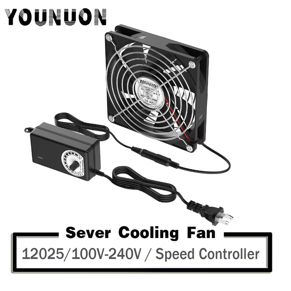 

120mm Computer Fan with Speed Controller AC Plug Power Cord 110V 220V to DC 3V - 12V 2A Exhaust Cooling Router Grow Tent Plant