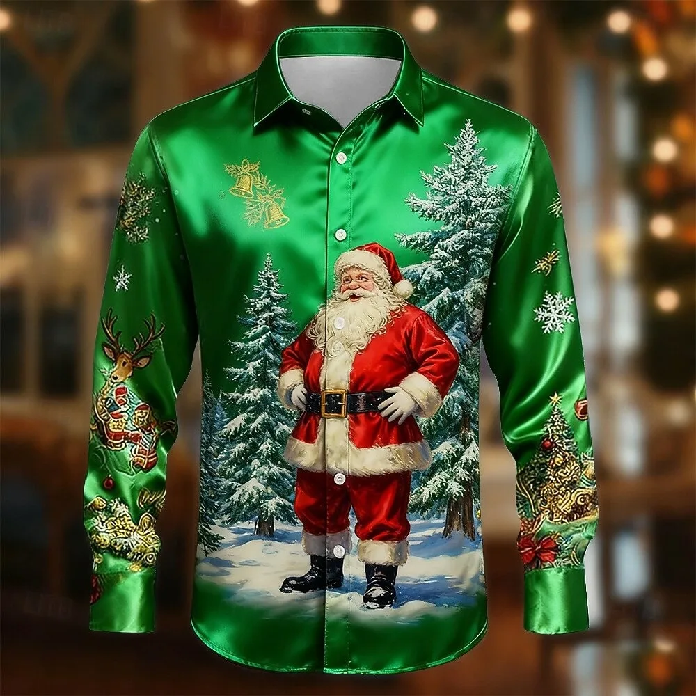

Рождественская модная мужская повседневная рубашка с длинными рукавами и модным узором на тему Санта-Клауса, рубашка с длинными рукавами