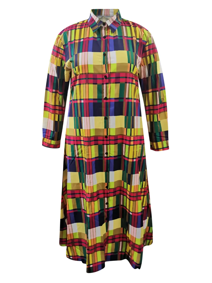 4XL 5XL LW Women Autumn&Winter Plus Size Basic Street Turndown Collar Long Sleeve Print Plaid Patchwork Yellow Coat