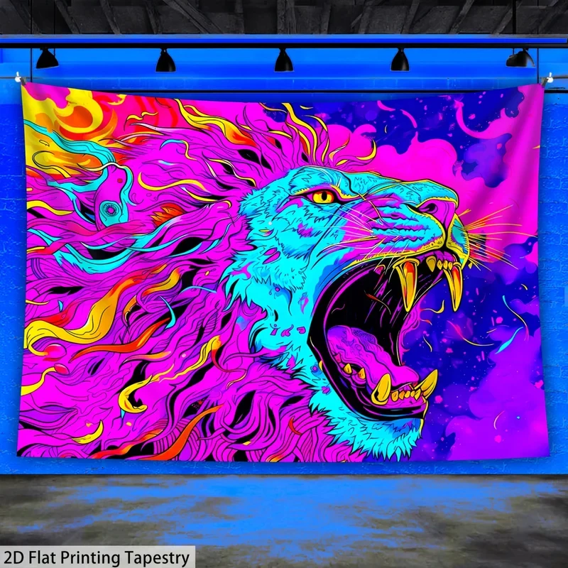VIKAMA UV Reactive Lion Tapestry, Psychedelic Neon Blacklight Print Wall Hanging for Bedroom Dorm Living Room & Party Decor