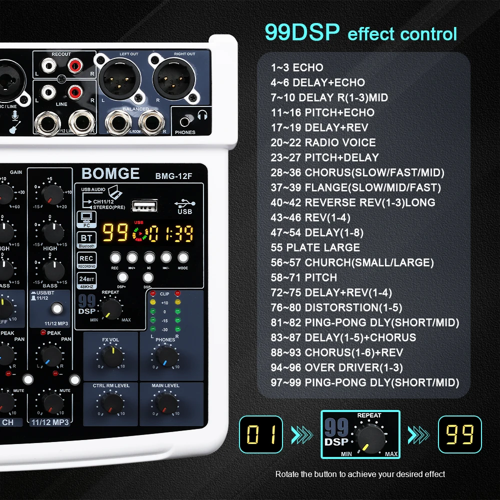 جهاز مزج الصوت الاحترافي BOMGE ذو 12 قناة، RCA، مقبس ميكروفون XLR، طاقة 48 فولت، 99 DSP للمحترفين والمبتدئين #6