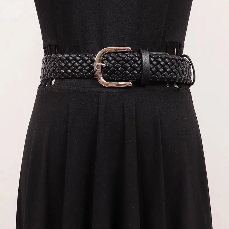 

Women's Vintage PU Leather Knitted Cummerbunds Female Dress Corsets Waistband Belts Decoration Wide Belt R2722
