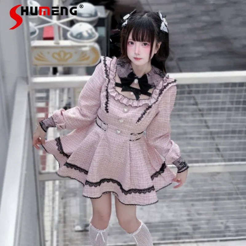 

Japanese Rojita Style Dark Black Outfits Subculture Mass Produced Long Sleeves Single Breasted Top Dress And Shorts 2 Pieces Set