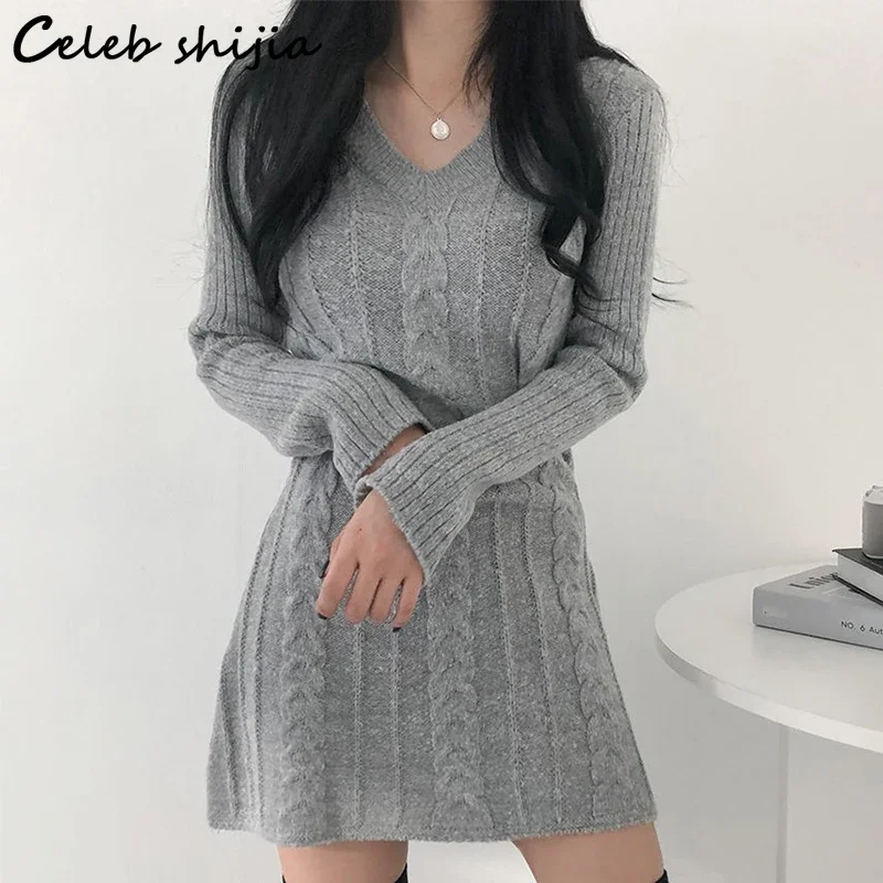 Gray Sweater Dress Women Autumn Winter V-neck Twist Woolen Dress Female Long-sleeve Elegant Korean Chic Knitted Clothing