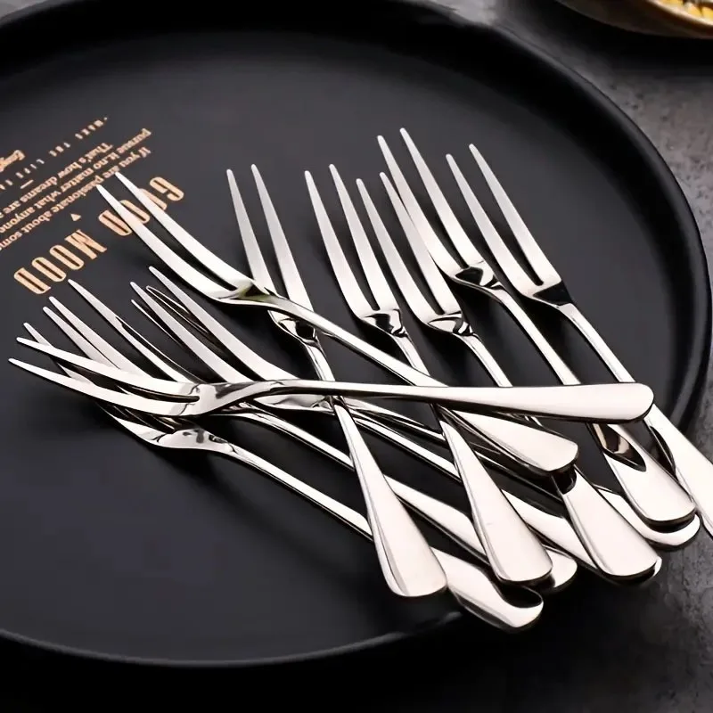10PCS Stainless Steel Fruit Dessert Forks Set, Two Prong Salad Picks for Party Buffet, Metal Utensils for Daily Kitchen Use