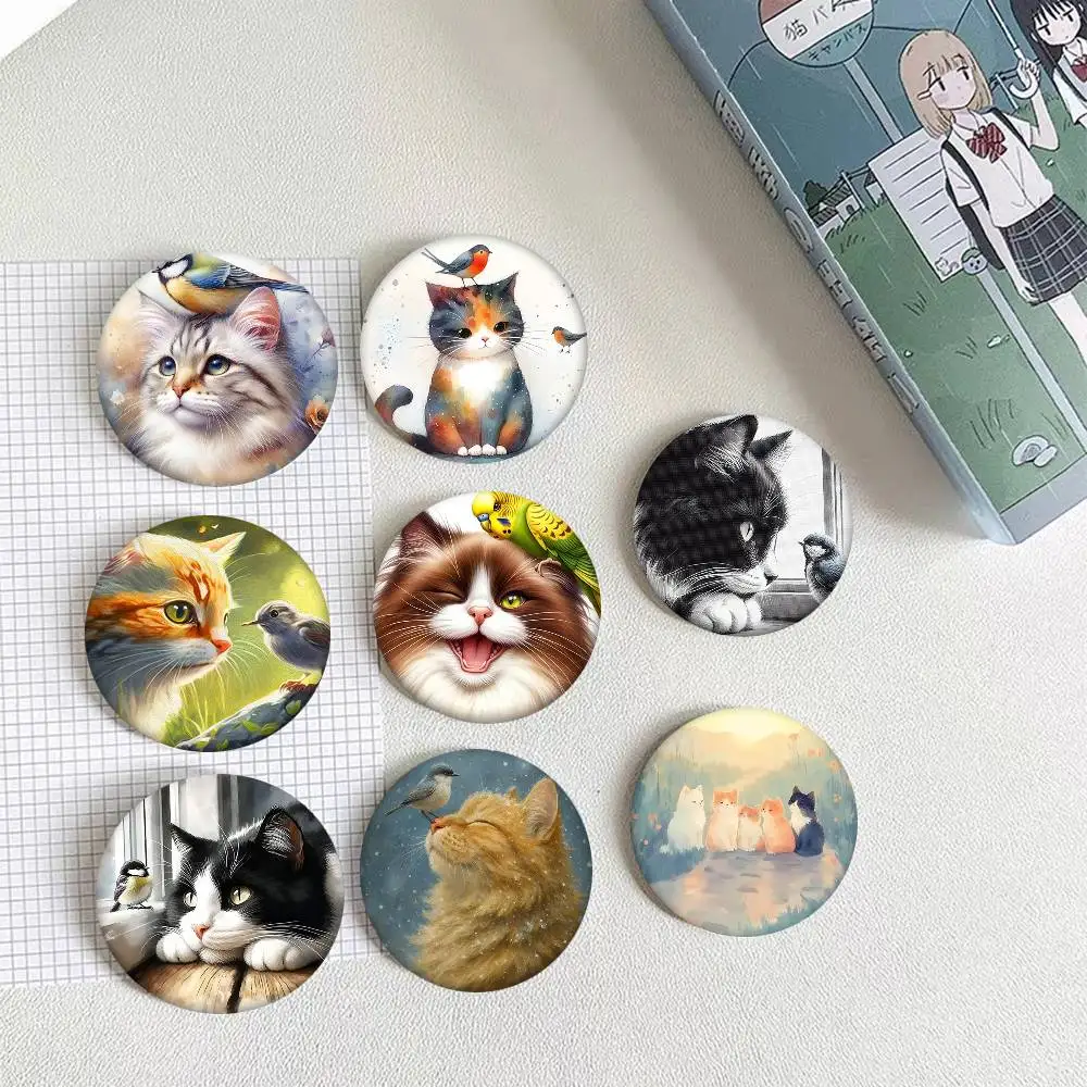 1 Stück niedliche Brosche im Cartoon-Stil mit Ölgemälde-Motiv (Katze, Tier, Vogel) für Rucksackdekoration, runde Emaille-Pins als Accessoires