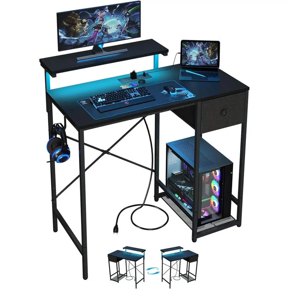 

33.5" Small Gaming Desk with LED Lights & Power Outlets, Compact Computer Desk with Monitor Stand & CPtand, Gamer Table with Sto