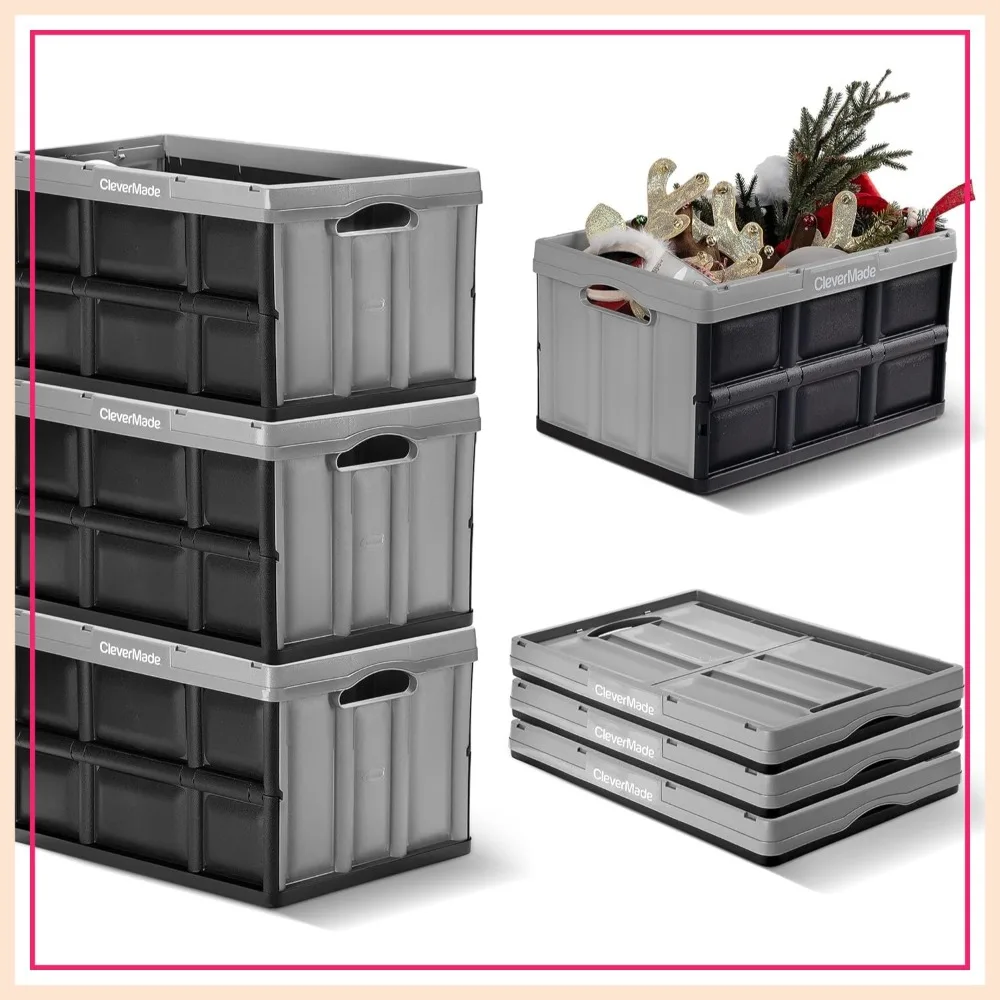 

46L Collapsible Storage Bins 3-Pack – Heavy Duty Folding Bins for Car, Garage, Home Organization, Stackable & Foldable, Stone