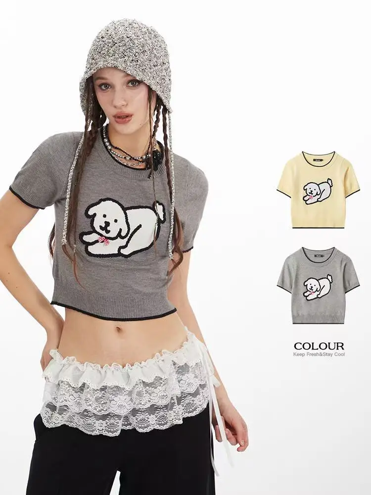 Short-sleeved Sweater Women New Cute Puppy Harajuku Street Dew Navel Hot Girl Street Dance Fashion Trend Women Korean Sweater