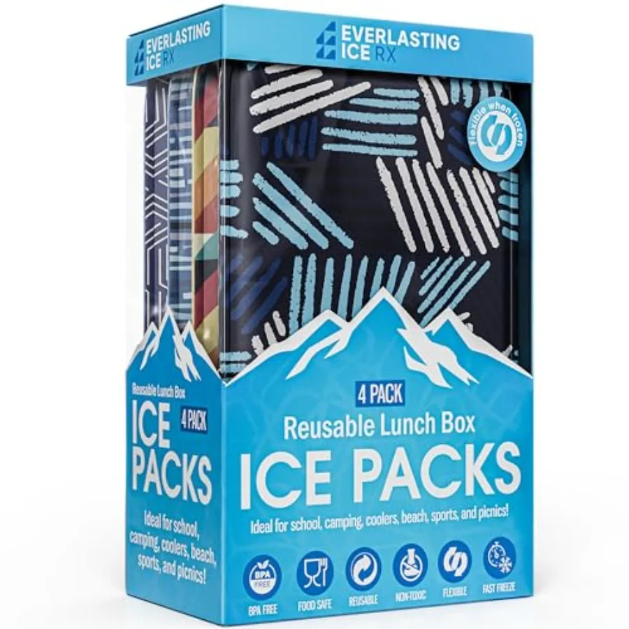

Everlasting Ice Reusable Ice Packs for Lunch Boxes and Coolers 4 Pack Flexible, Long-Lasting, BPA Free, Versatile Lunch Box Ice