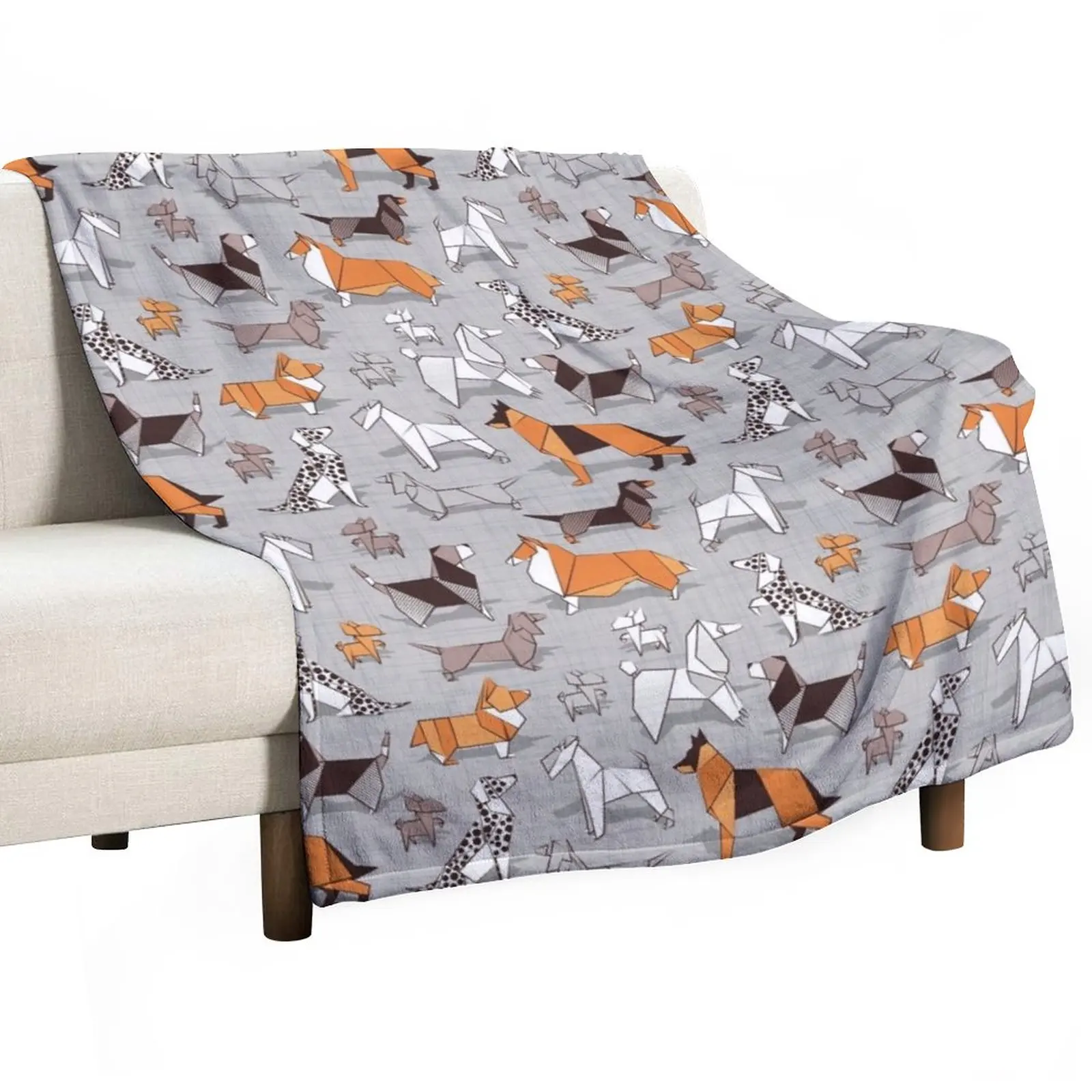 

Origami doggie friends // grey linen texture background Throw Blanket Single Blanket Furry Blanket