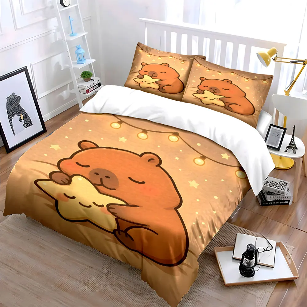 Warm bear hugging a star illustration Print Bedding Set 1Duvet Cover 2 Pillowcases for Adult and Children Luxury Gift Full Size
