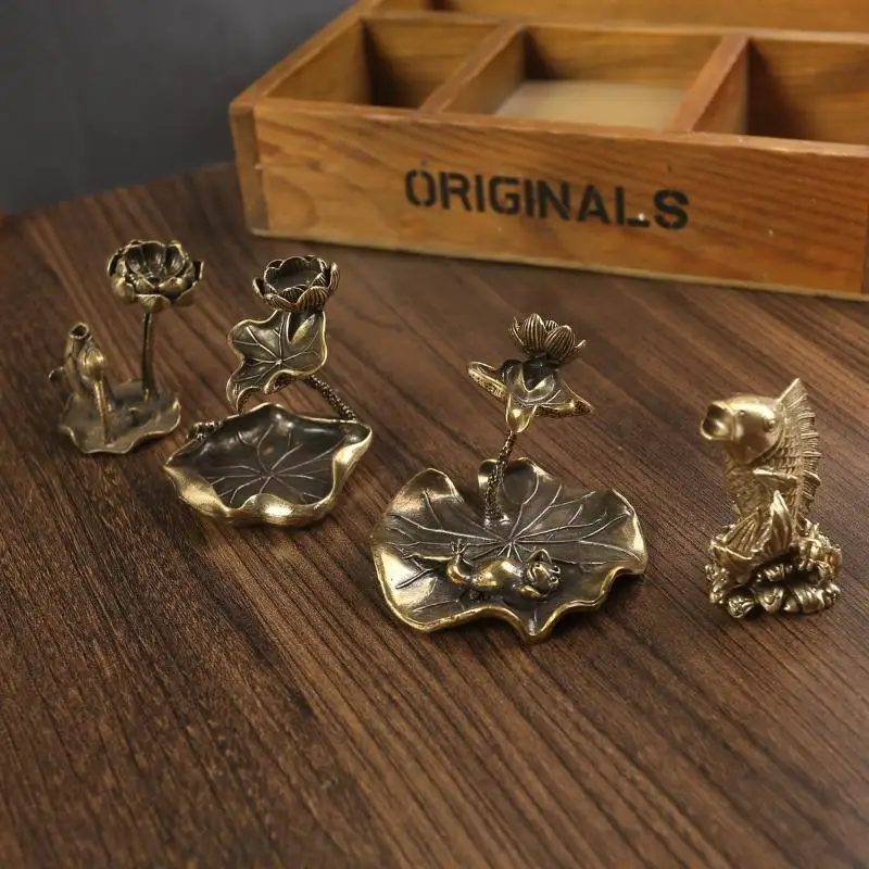 Antique Brass Leaf Backflow Incense Decorations Solid Pure Copper Frog  Pond Censer Holder Ornaments Tea Pets