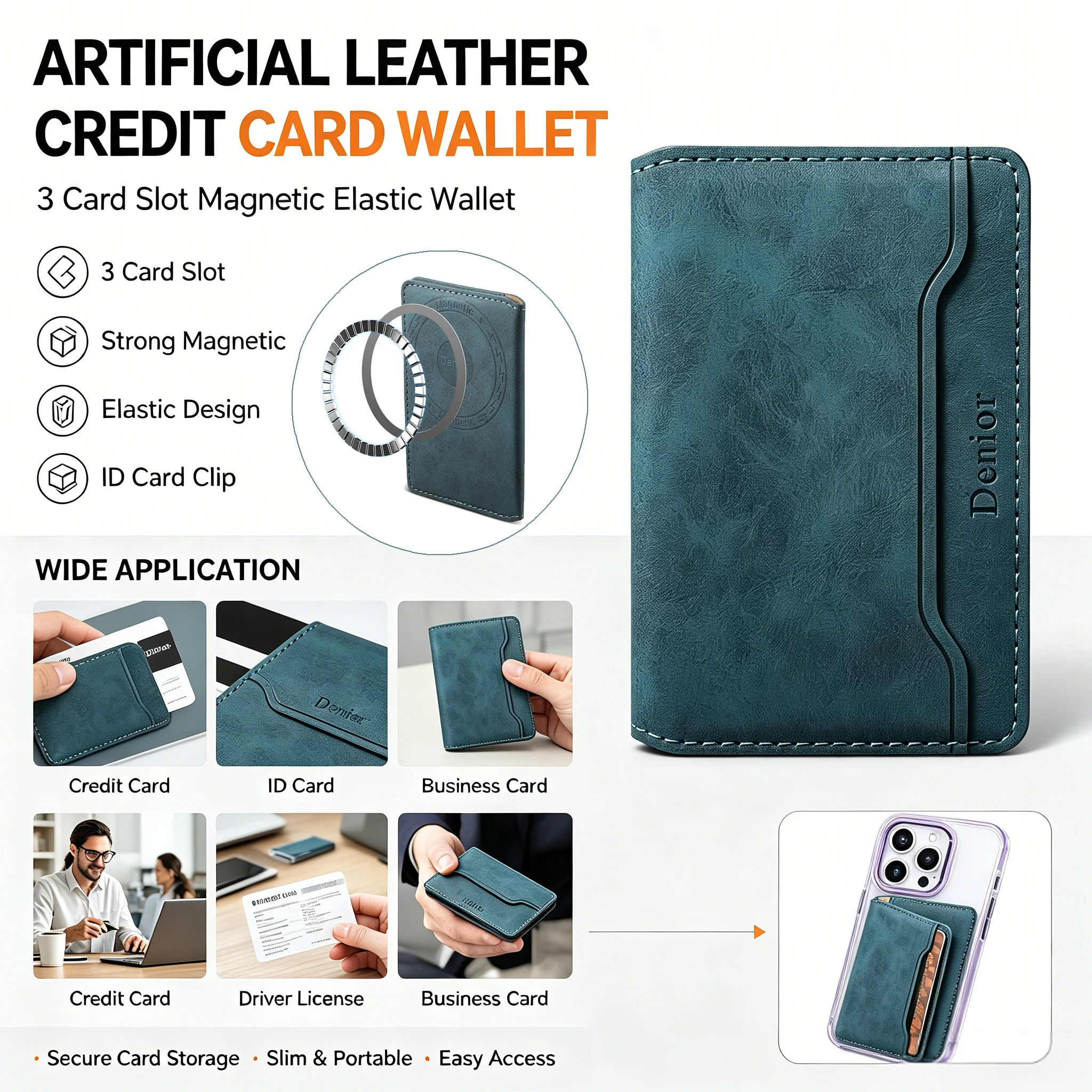 Artificial leather credit card magnetic elastic wallet(3 card slot)with strong magnetic accessories | ID card clip wallet