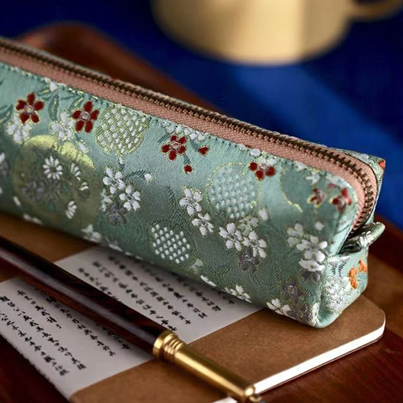 Vintage Gold Stamping Embroidery Pencil Bag Large Capacity Pencilcase Pencil Pouch Cosmetic Bag Student Stationery