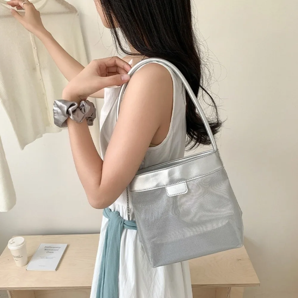 

Handbag Lightweight Mesh Bucket Bag Simple PU Leather Transparent Bag Commuting Large Capacity Single Shoulder Bag Unisex