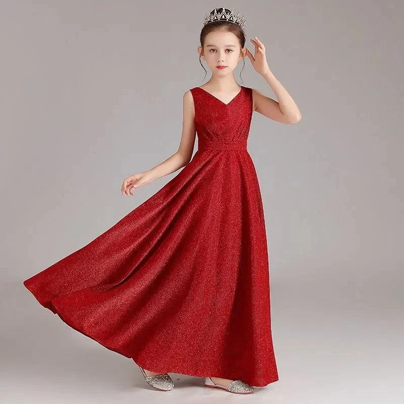 Elegant Black Blue Red Long Teen Kids Evening Gown For Girls Child Costume V neck Wedding Prom Dress 12 14 Years Party Clothes