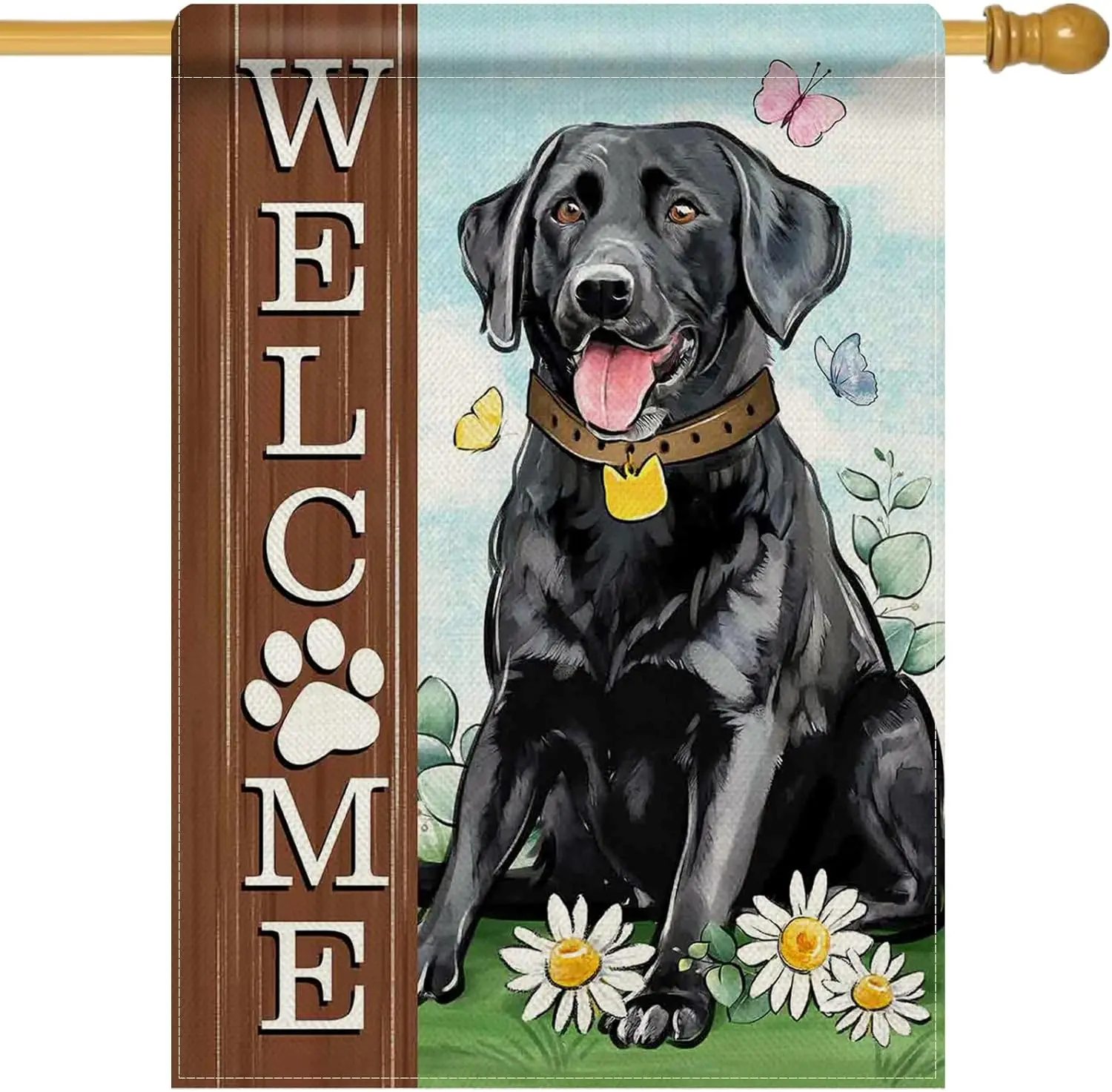 Dyrenson Welcome Black Labrador Dog 28 x 40 House Flag Double Sided, Paw Print Garden Yard Decoration Pet Owner Lover Gifts, UUN