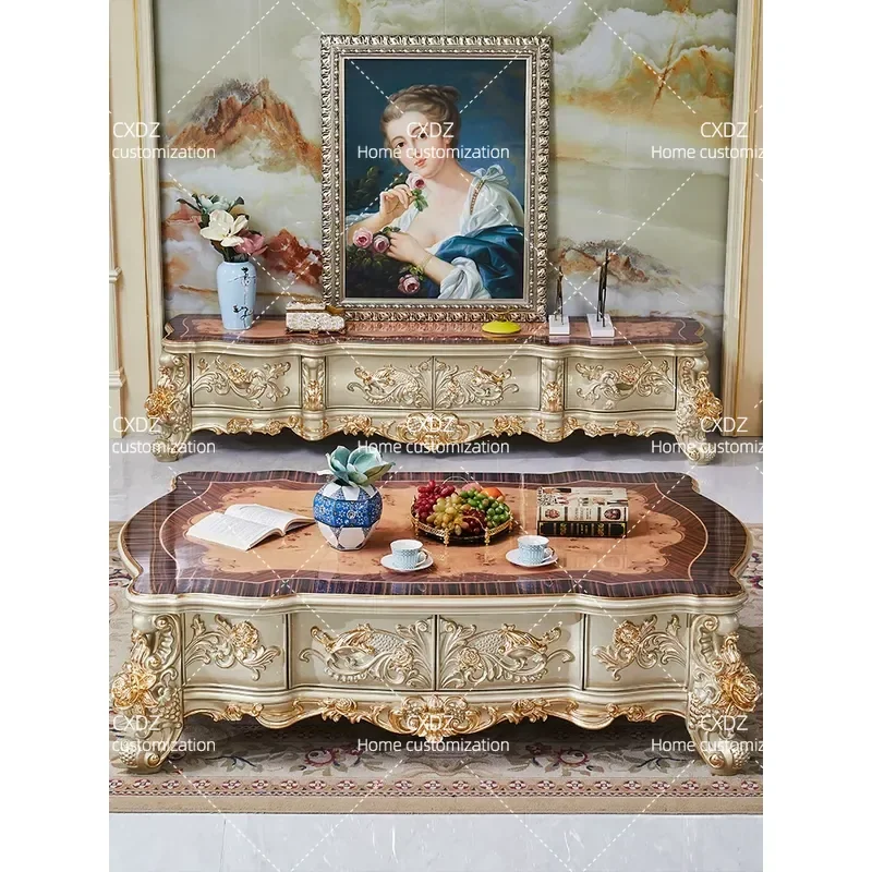 Solid Wood Carved Flower Coffee Table with Marble Top Champagne Gold Base Large Living Room Furniture for High End Villa