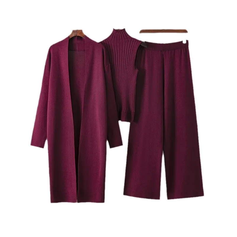 Einfarbiges Freizeit-Set für Damen: Schaljacke, Strickoberteil mit V-Ausschnitt und Hose mit weitem Bein, dreiteiliges Set