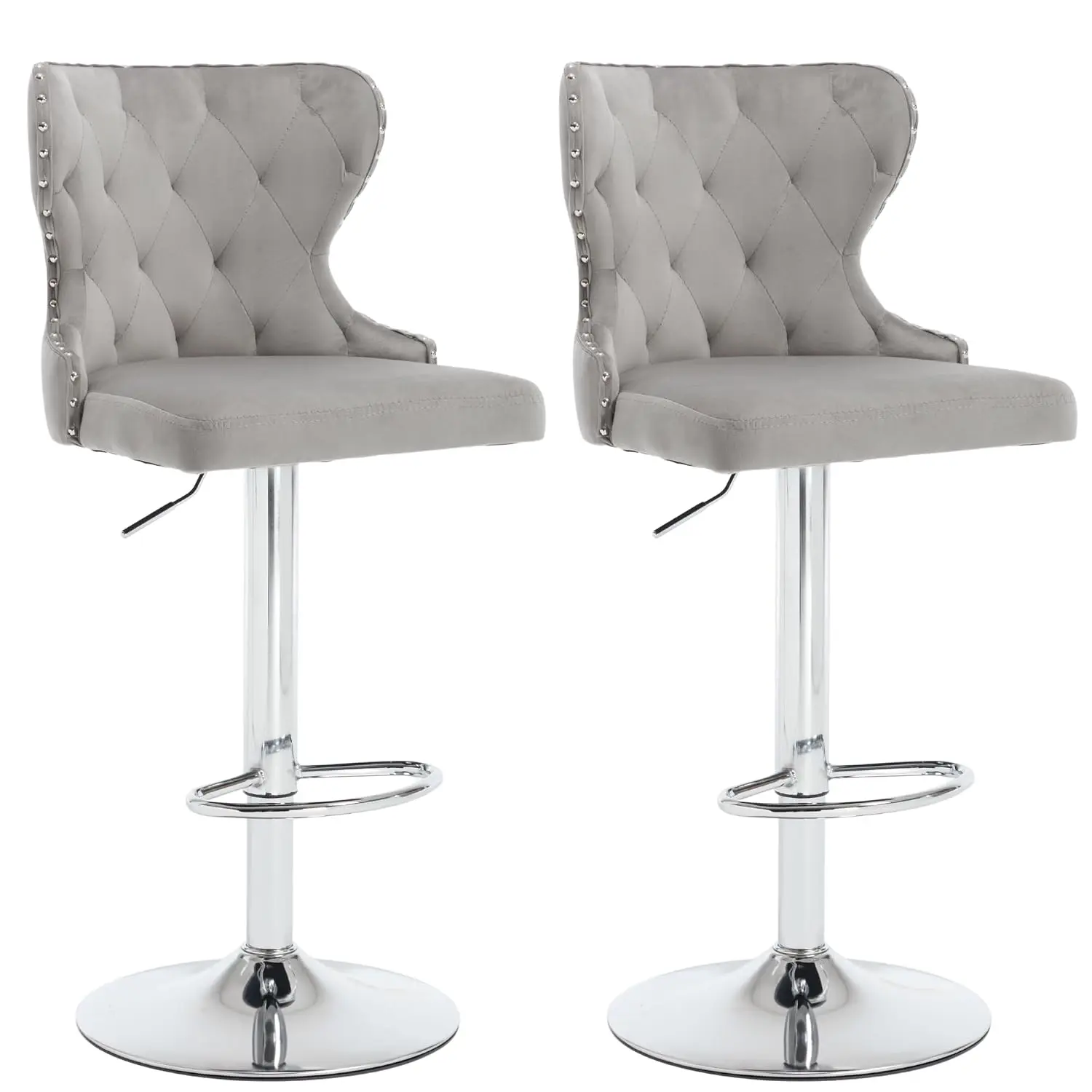 Velvet Bar Stools Set 2, Swivel Counter Height With Nailhead Trim & Silver Footrest, High Back For Kitchen & Bar, Customized