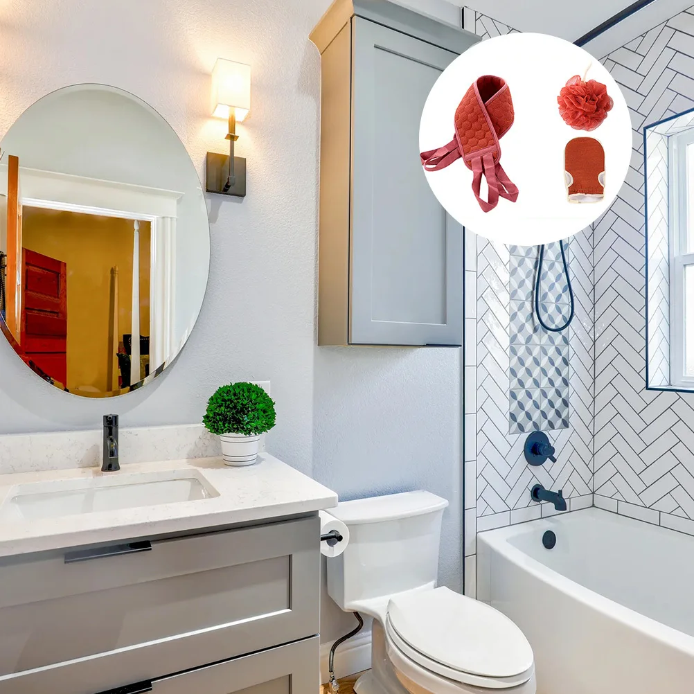 

3 pcs Towel Set Long Strap Back Scrubber For Deep Cleaning Body Exfoliation Decontamination Balls Portable Bath Towels Bath