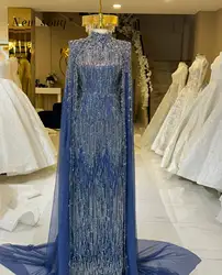 Dubai Arabic Blue Formal Evening Dresses with Cape Muslim A Line Beaded Hijab A Line Turkey Abiye Prom Party Gowns Customized