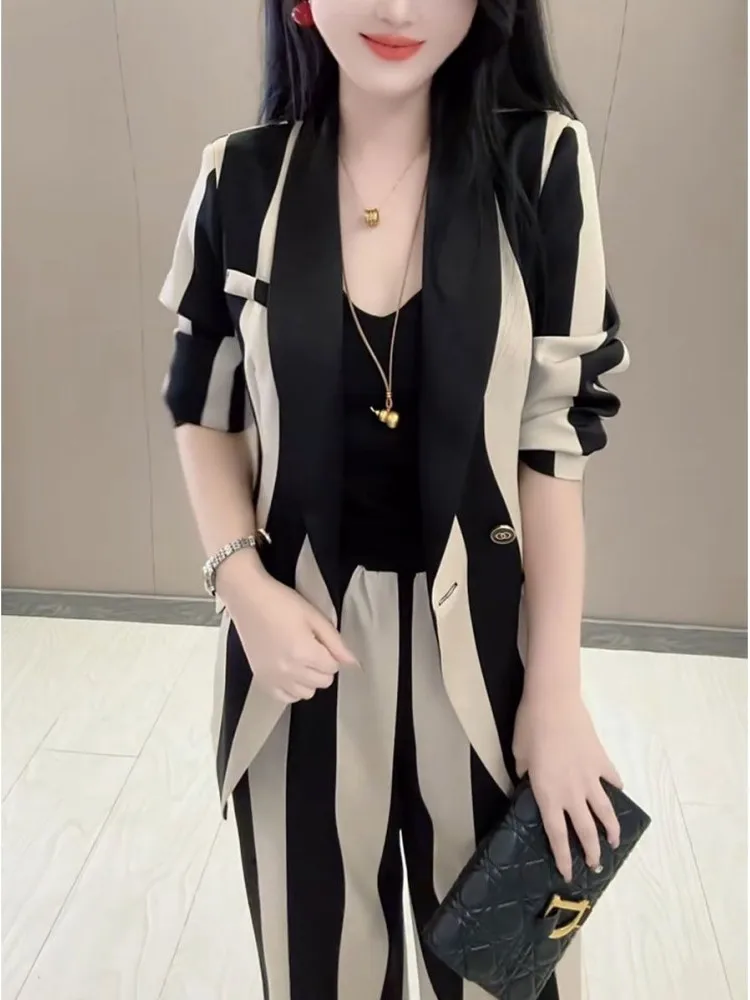 Fashion Women's Set 2024 Spring/Summer New Style Slimming Striped Suit Coat Wide Leg Pants Two piece Set