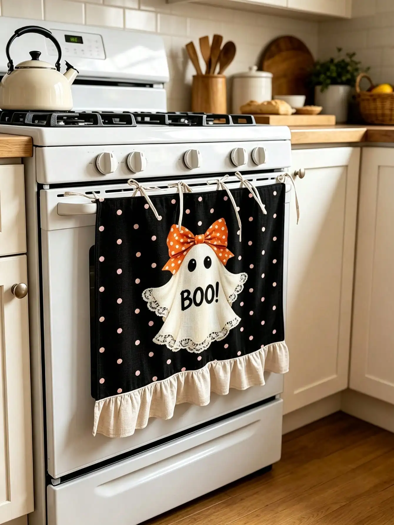 Halloween Kitchen Appliance Cover & Oven Curtain - Multifunctional Protective Cover With Cute Ghosts, Boo Text & Polka Dots, Lace Trim & Ribbon Tie Closure Suitable For Ovens, Microwaves, Stoves, Holiday Decor For Home