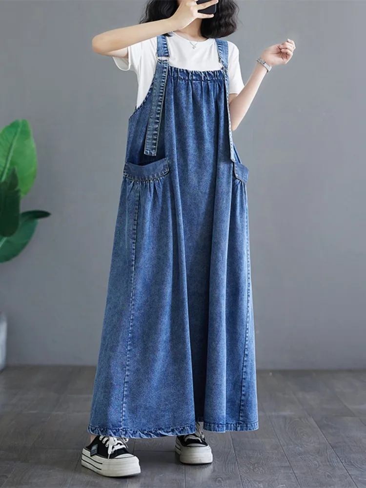 Plus Size Plus size women clothing Summer Sleeveless Long dress Fat Sister Loose Large Pocket Denim Suspender Skirt Slimming ...