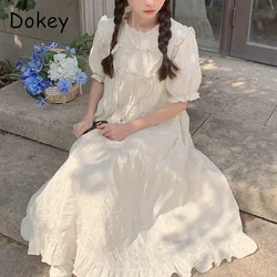 Summer Lolita Kawaii White Dress Women Sweet Japanese Ruffle Puff Sleeve Party A-Line Dress Vintage Ruched Fairy vestido elegant