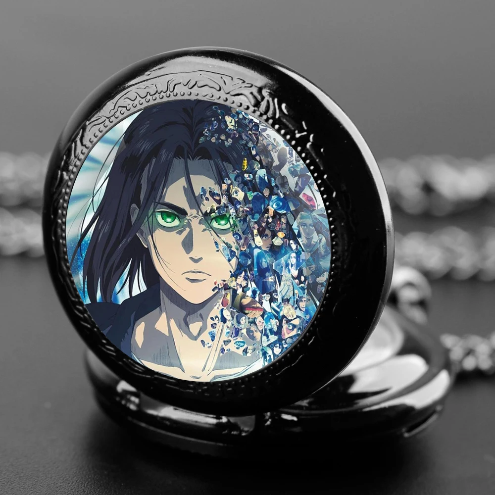 Attack on Titan Design Glass Dome Quartz Pocket Watch with Durable Chain Arabic Numeral Dial for Men and Women Creative Gifts