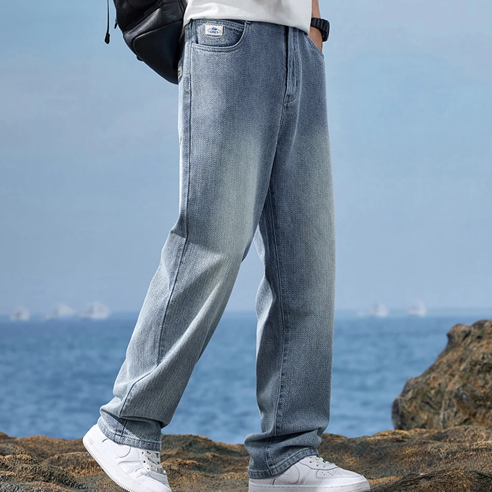 2024 New Autumn Vintage Fashion Straight Jeans Men Loose Wide Leg Pants High Street Casual Denim Trousers Plum Blue Men's Jeans