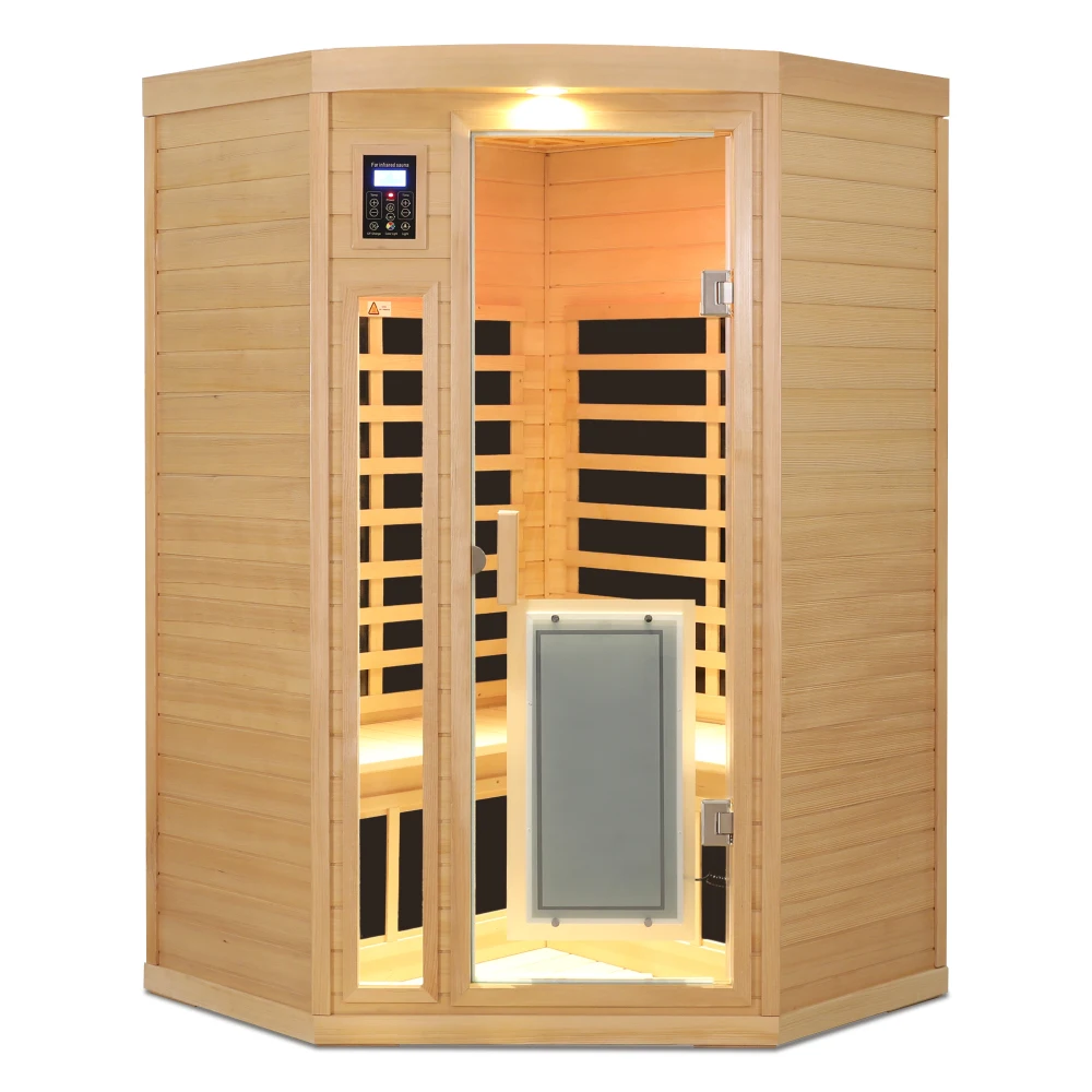 

Low EMF Front door with heating panel Two persons Hemlock Far infrared corner Indoor sauna room