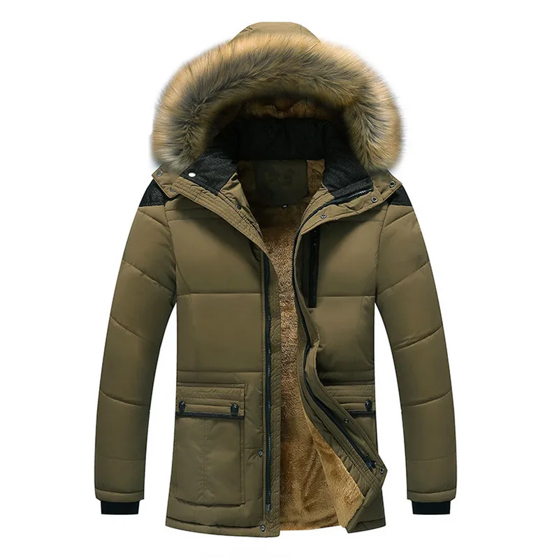 Casaco de inverno gola destacável casual juventude cor sólida veludo zíper médio longo algodão-acolchoado roupas jaqueta de inverno masculina