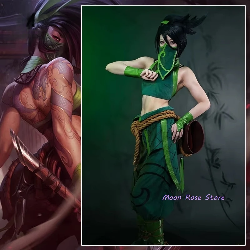 

LOL The Rogue Assassin Akali Cosplay Costume Game LOL Akali Women Green Outfit Halloween Suit With Bag